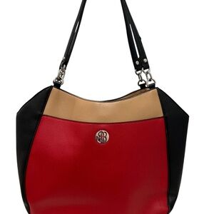 Stylish Black, Red, and Tan Handbag